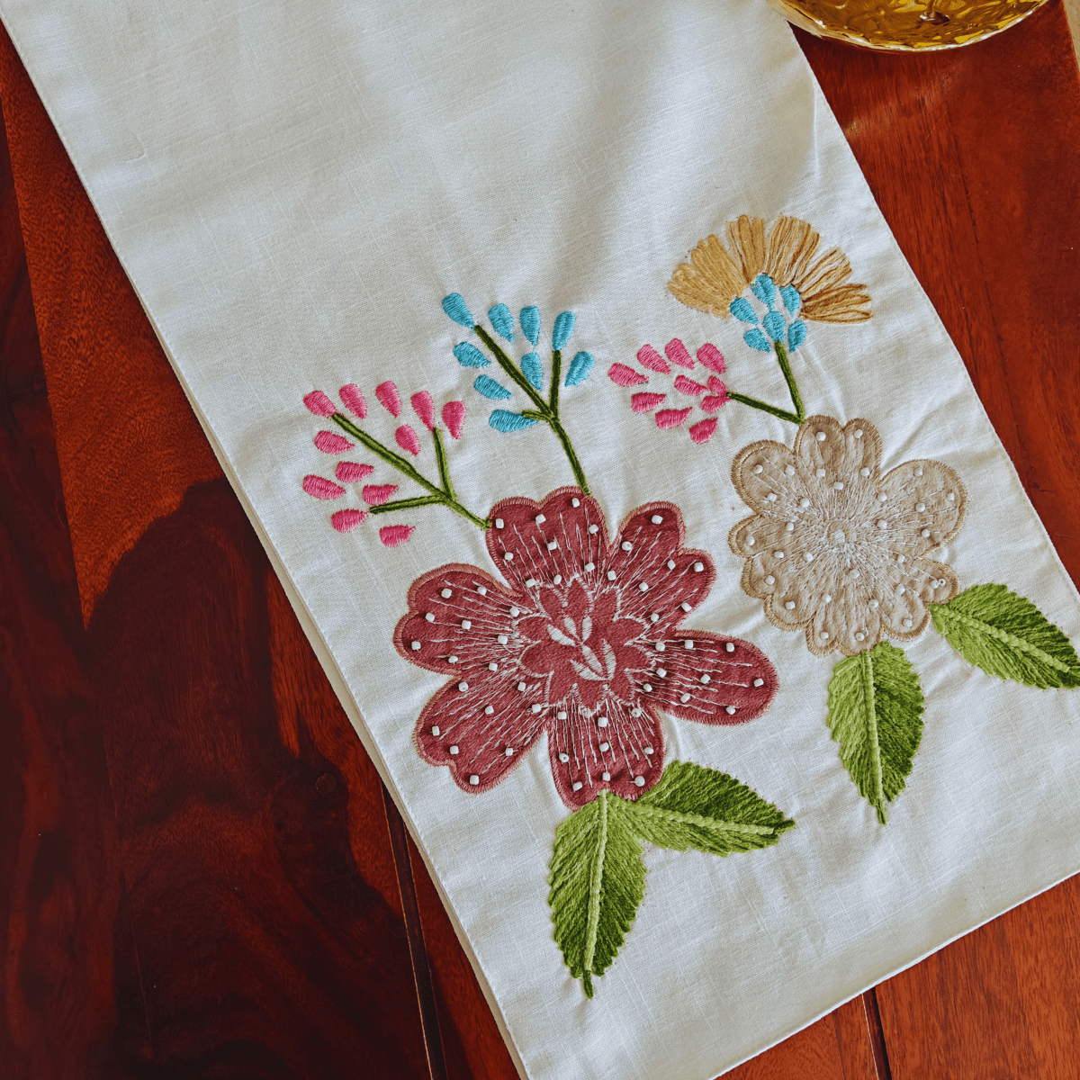 Gul Embroidered Table Runner – 72" x 12" - Coral Slub -